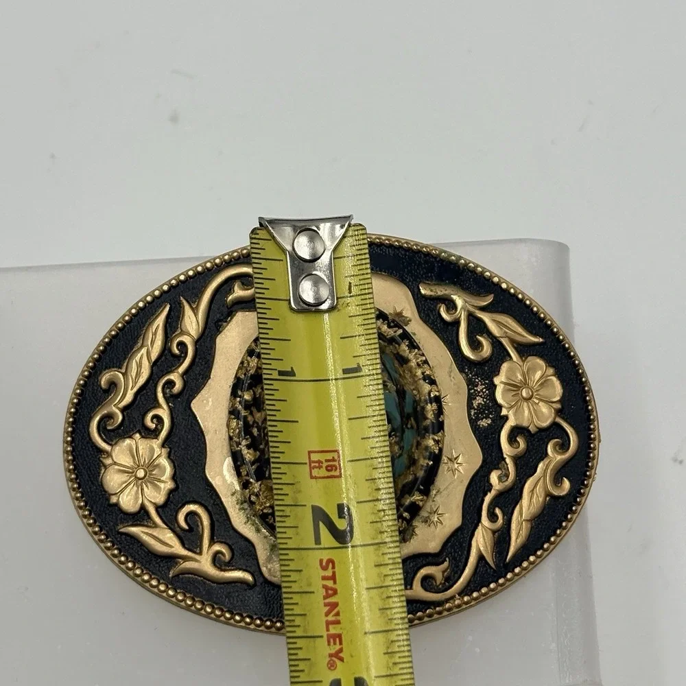 Turquoise Gold Flake Belt Buckle Glass Dome Gold Tone Black Western Floral